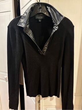 Laundry By Shelli Segal Black Ribbed Top with Faux Leather Trim